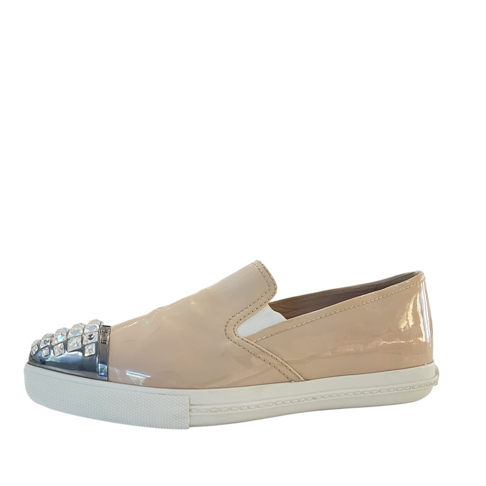 Miu Miu Beige Patent Leather Crystal Sneakers